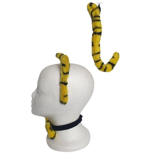 Tiger Costume Set Headband Bow Tie Tail Yellow Blk Stripes Furry Plush Accessory - Picture 4 of 5